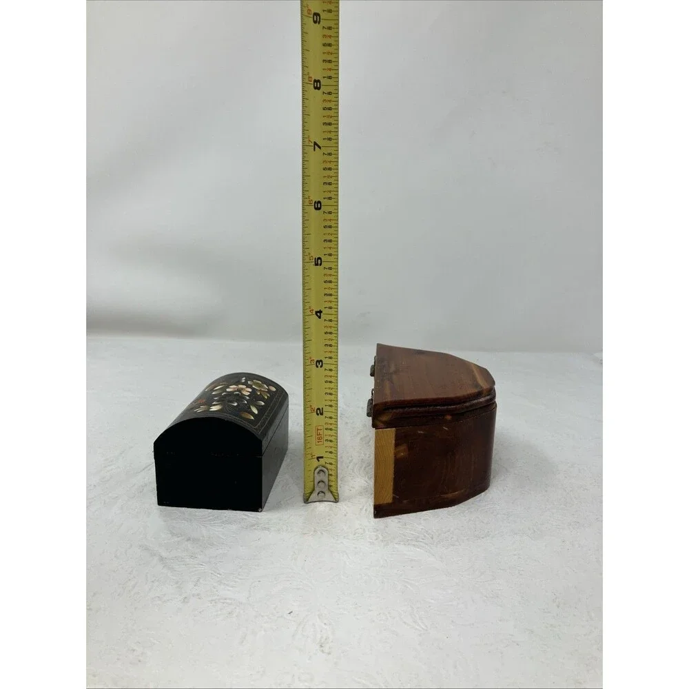 2 Wood Treasure Trinket Box Hinged Lid (Hand Painted Floral Black & Brown Cedar)